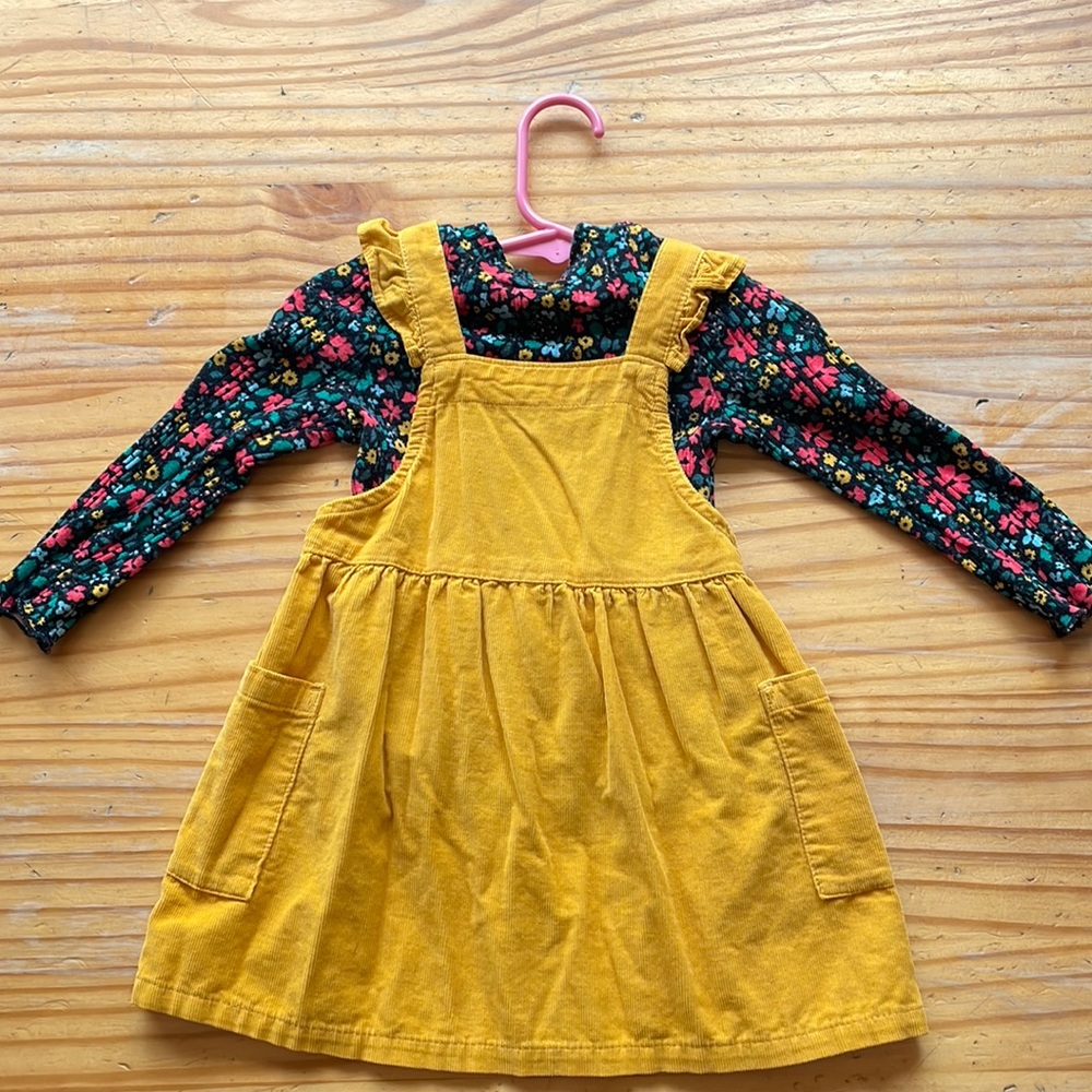 Cat & Jack size 18 months baby girl corduroy yellow dress with flowered shirt
